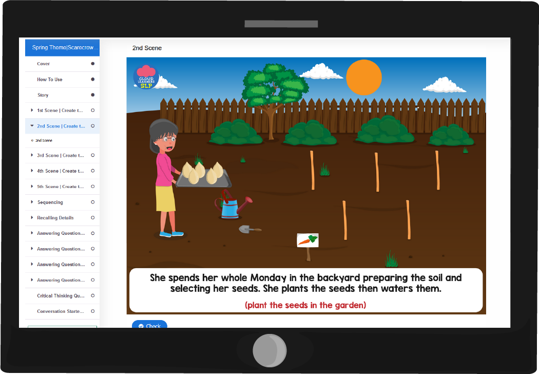 Interactive story activity shown on a tablet